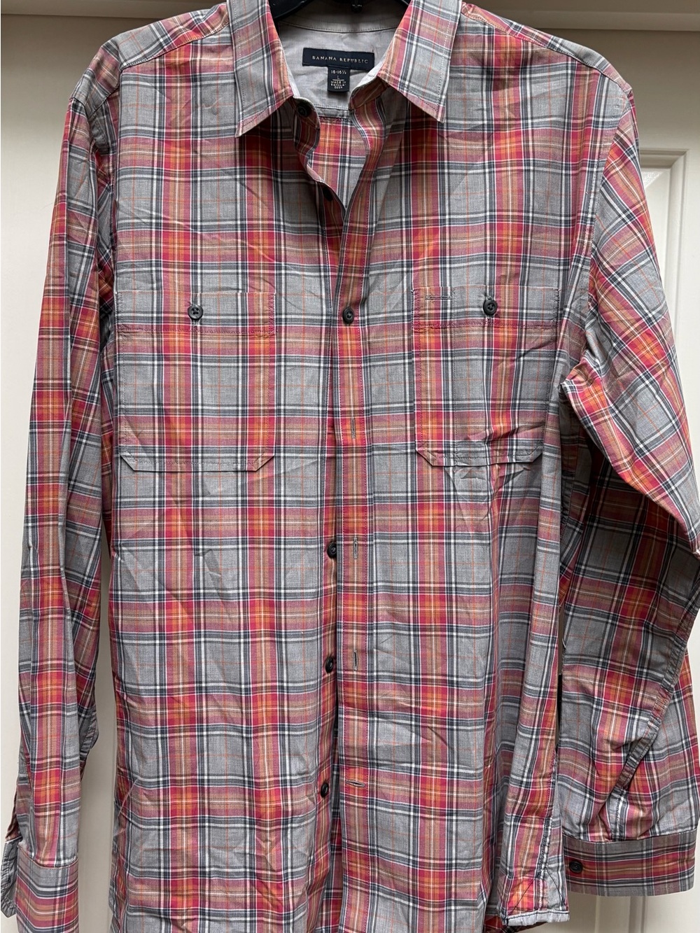 Banana Republic Men's Red and Gray Plaid Button-Down Shirt